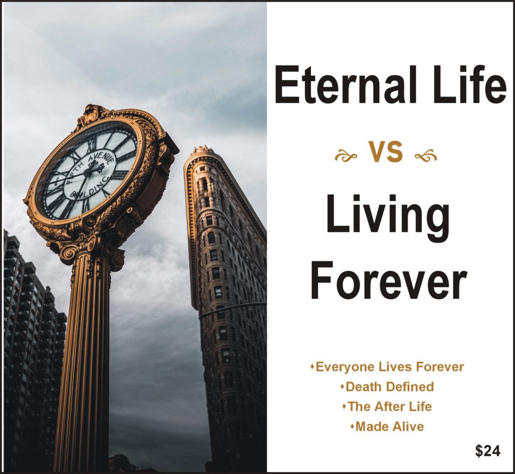 Eternal Life versus Living Forever cover art with fifth avenue building clock face, flatiron building in background