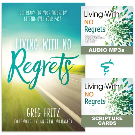 No Regrets bundle artwork showing book, audio MP3s art, and scripture cards